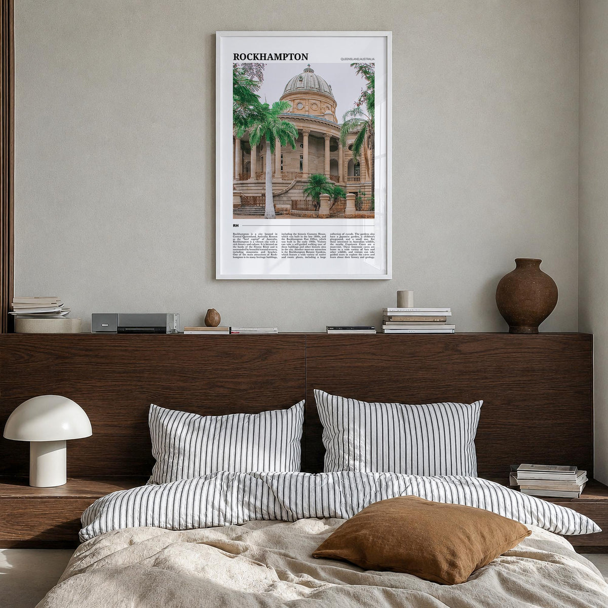 Rockhampton colorful travel poster of Australia – vertical wall art in white wood frame, hanging on wall