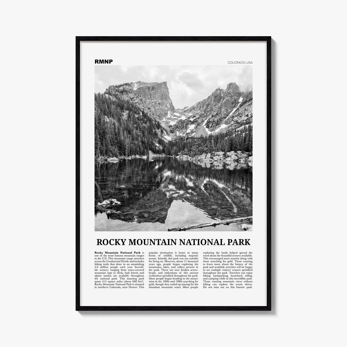 Rocky Mountain National Park black & white newspaper poster of Colorado, USA – vertical wall art, unframed print shown in int