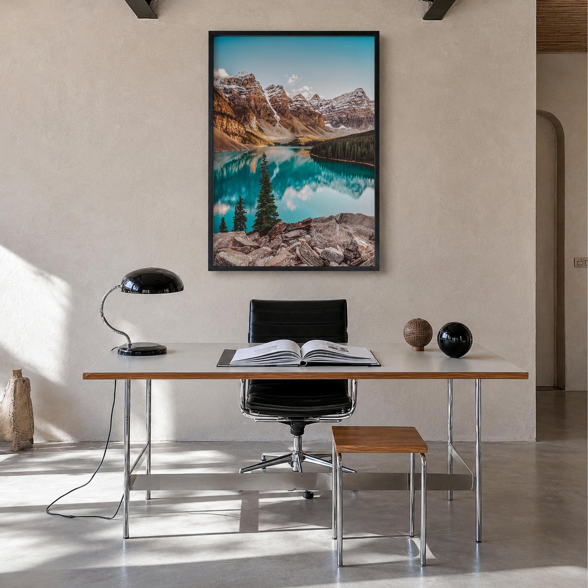 Rocky Mountain National Park colorful photo poster of Colorado, USA – vertical wall art in black wood frame, hanging on wall