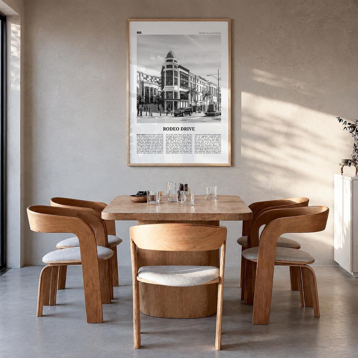 Rodeo Drive black & white newspaper poster of California, USA – vertical wall art in natural wood frame, hanging on wall