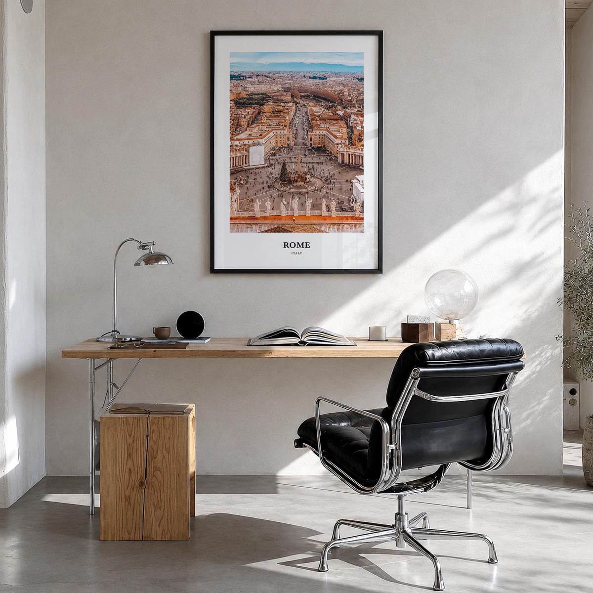 Rome colorful classic poster of Italy – vertical wall art in black wood frame, hanging on wall