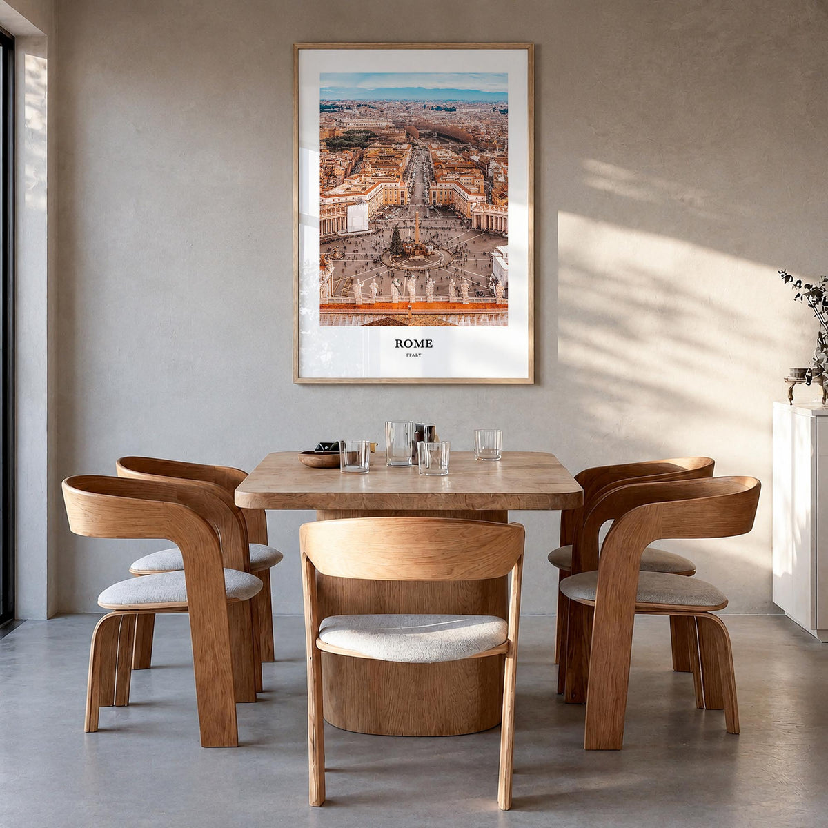 Rome colorful classic poster of Italy – vertical wall art in natural wood frame, hanging on wall