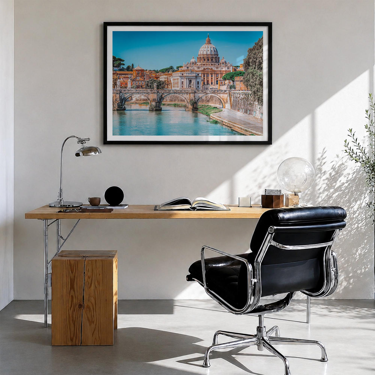 Rome colorful photo poster of Italy – horizontal wall art in black wood frame with white border, hanging on wall