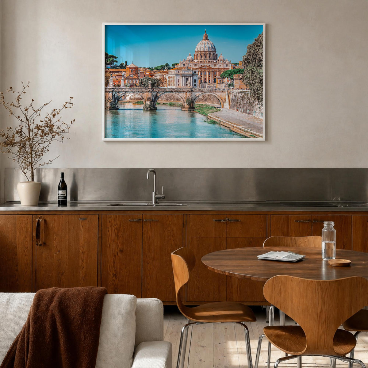 Rome colorful photo poster of Italy – horizontal wall art in white wood frame, hanging on wall