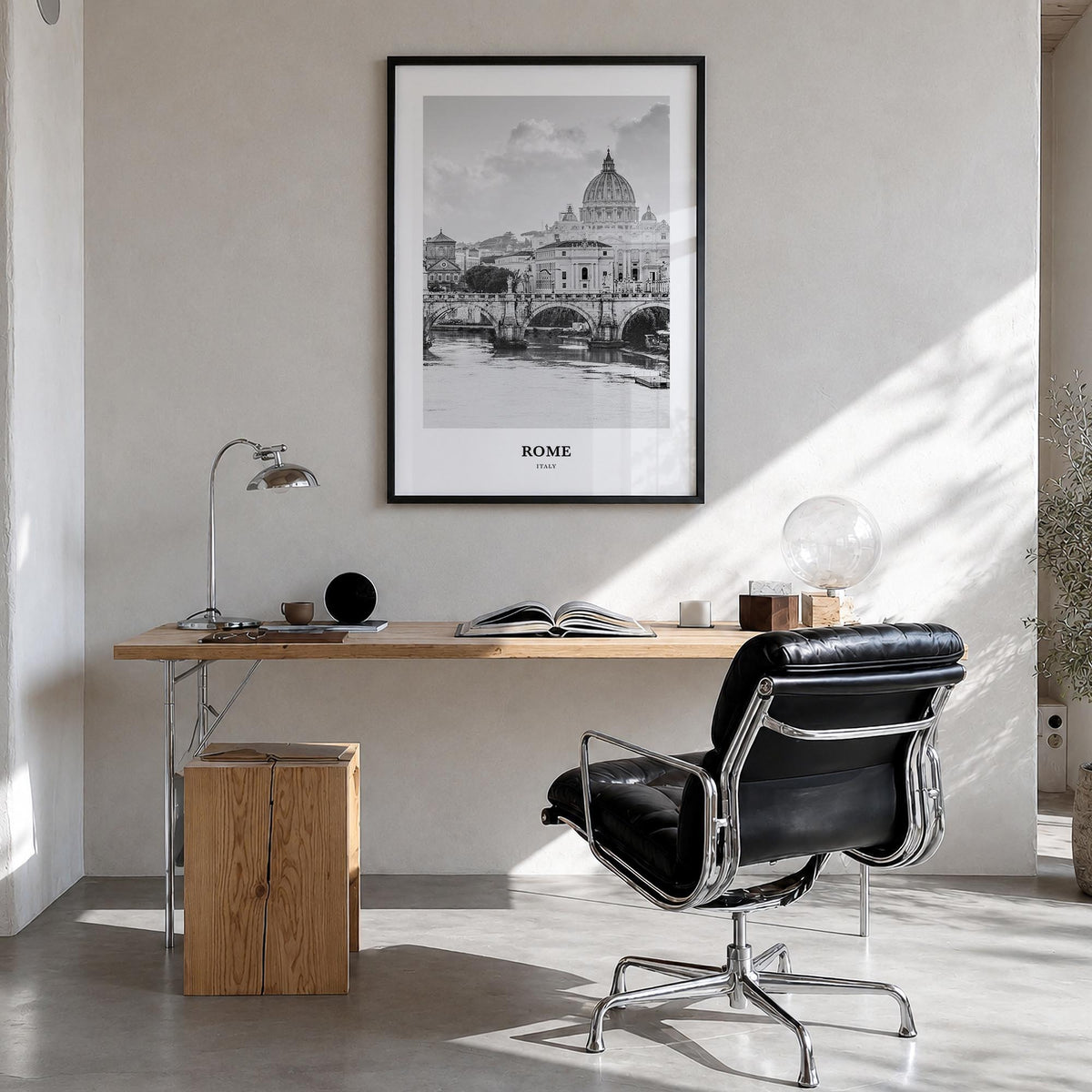 Rome no. 1 black & white classic poster of Italy – vertical wall art in black wood frame, hanging on wall