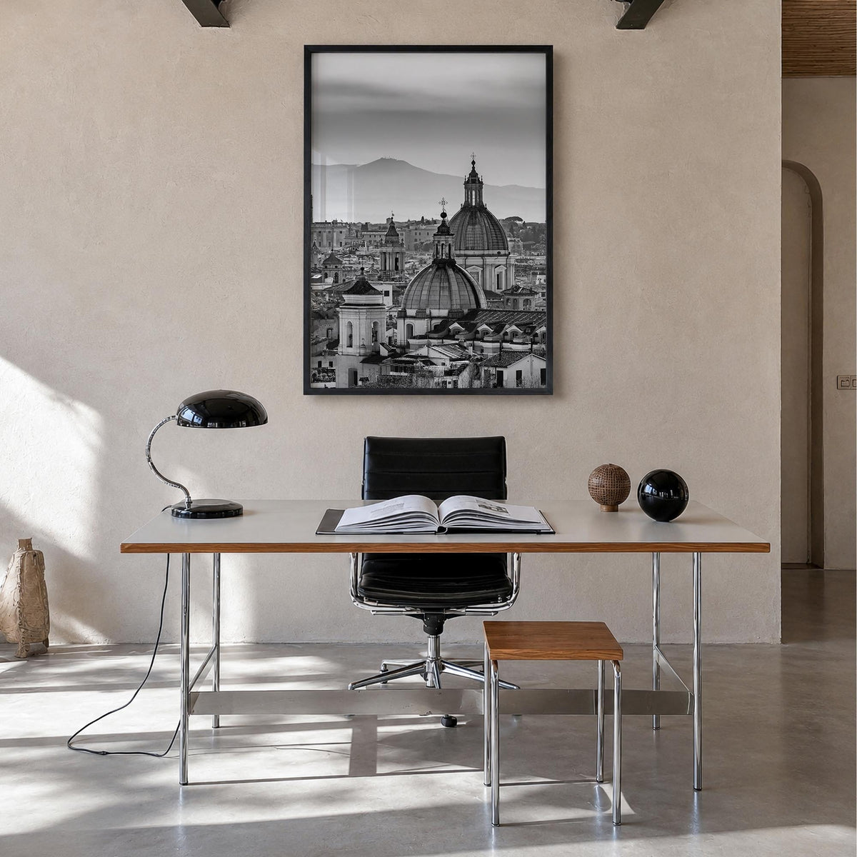 Rome no. 1 black & white photo poster of Italy – vertical wall art in black wood frame, hanging on wall