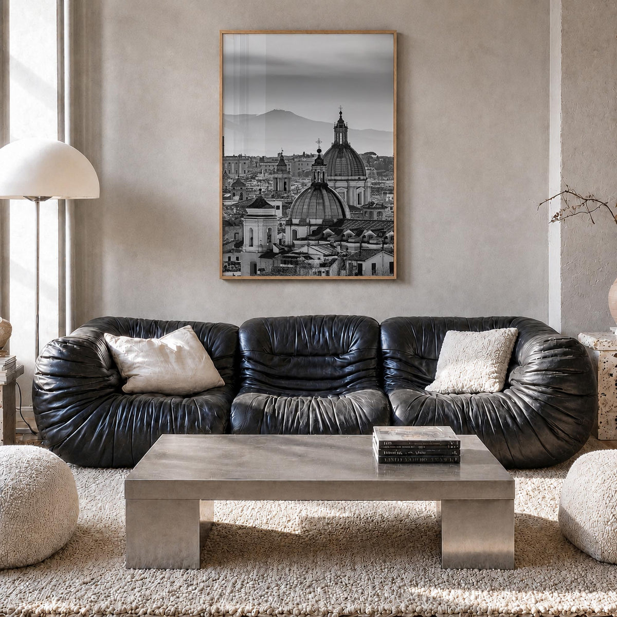 Rome no. 1 black & white photo poster of Italy – vertical wall art in natural wood frame, hanging on wall