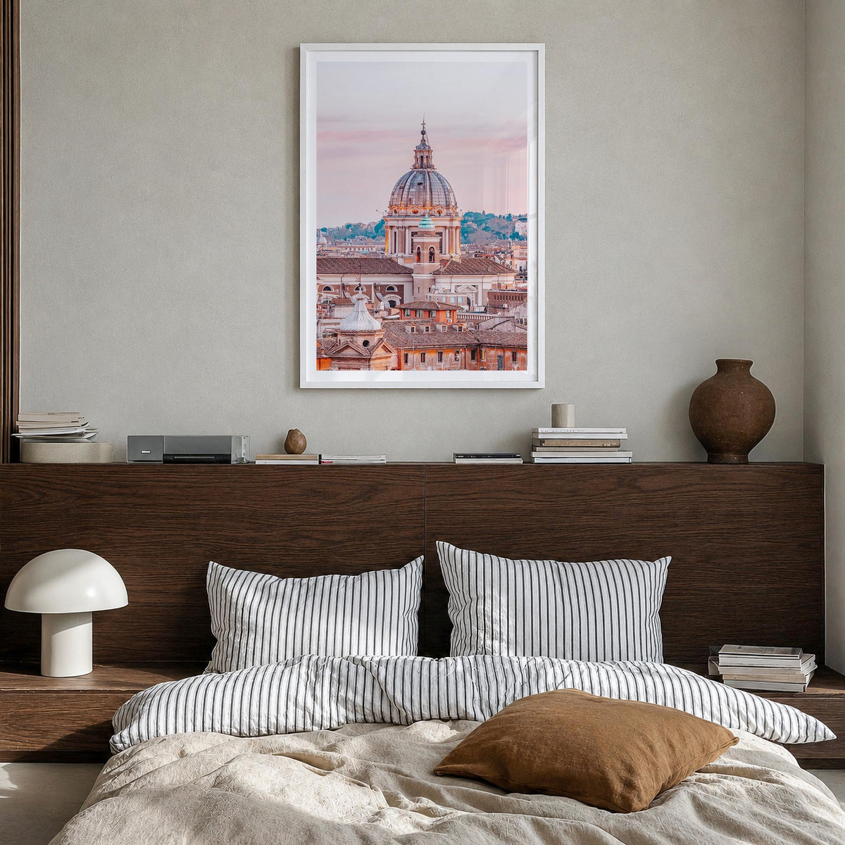 Rome no. 1 colorful photo poster of Italy – vertical wall art in white wood frame with white border, hanging on wall