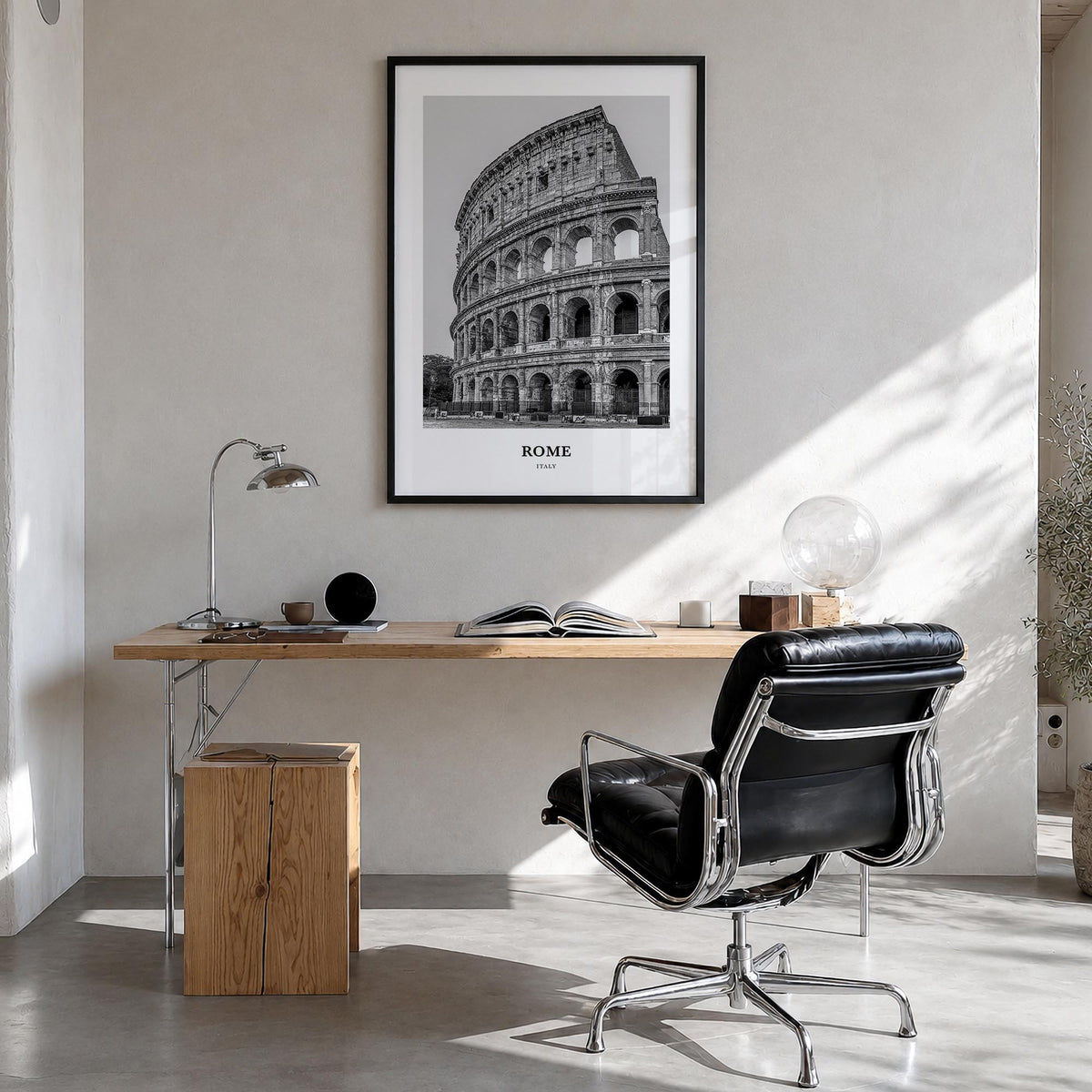 Rome no. 2 black & white classic poster of Italy – vertical wall art in black wood frame, hanging on wall