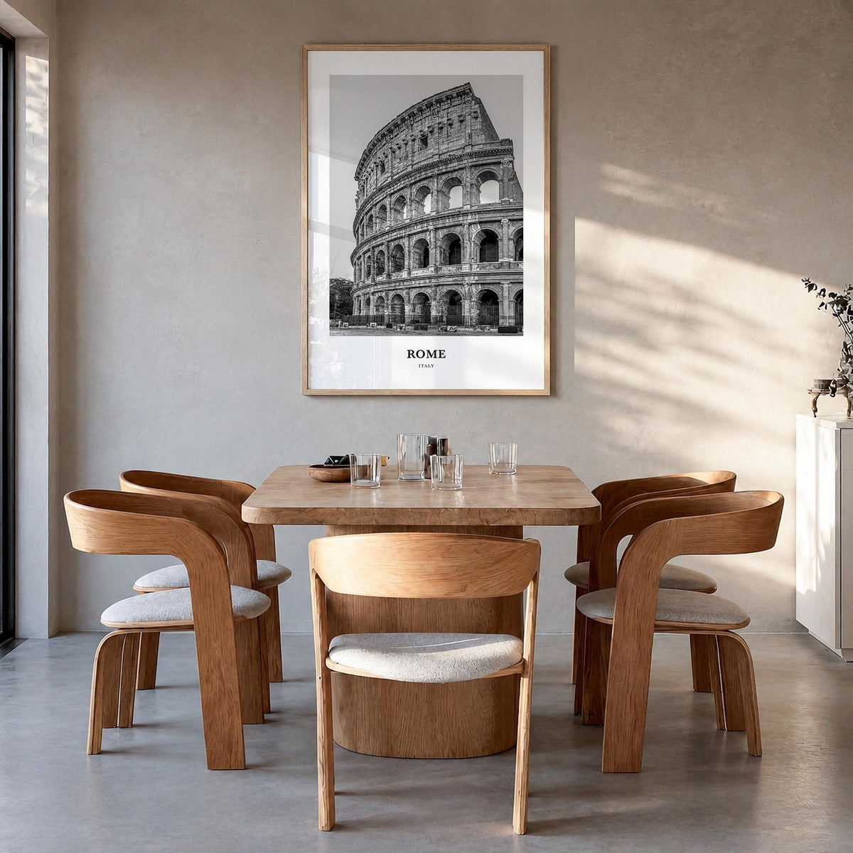 Rome no. 2 black & white classic poster of Italy – vertical wall art in natural wood frame, hanging on wall