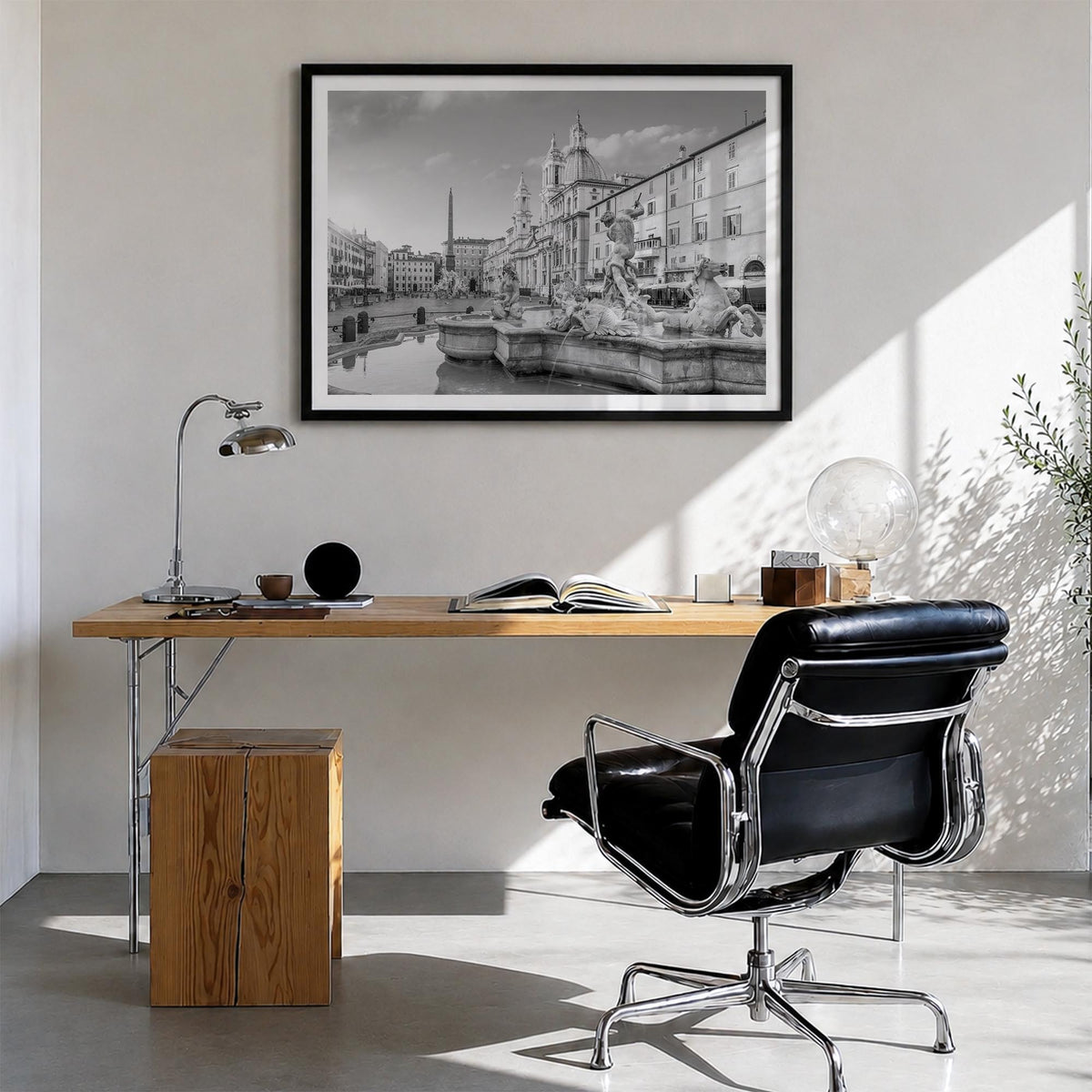 Rome no. 2 black & white photo poster of Italy – horizontal wall art in black wood frame with white border, hanging on wall