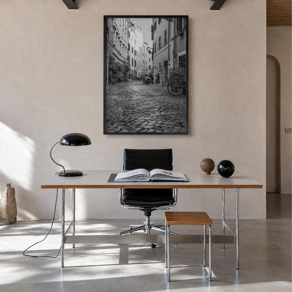 Rome no. 2 black & white photo poster of Italy – vertical wall art in black wood frame, hanging on wall