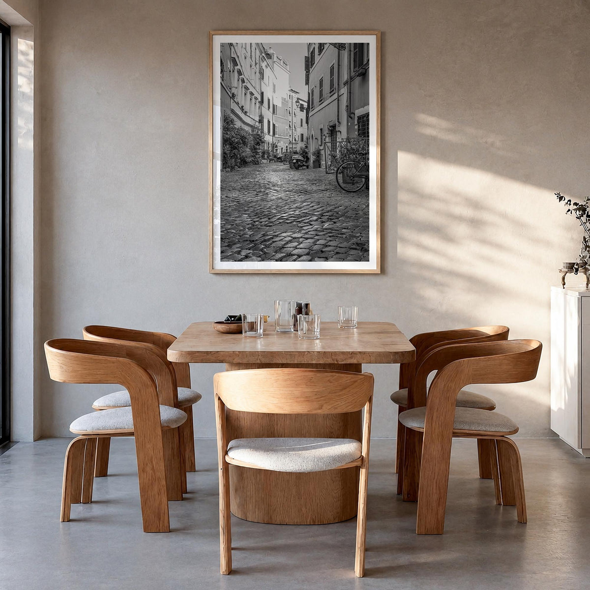 Rome no. 2 black & white photo poster of Italy – vertical wall art in natural wood frame with white border, hanging on wall