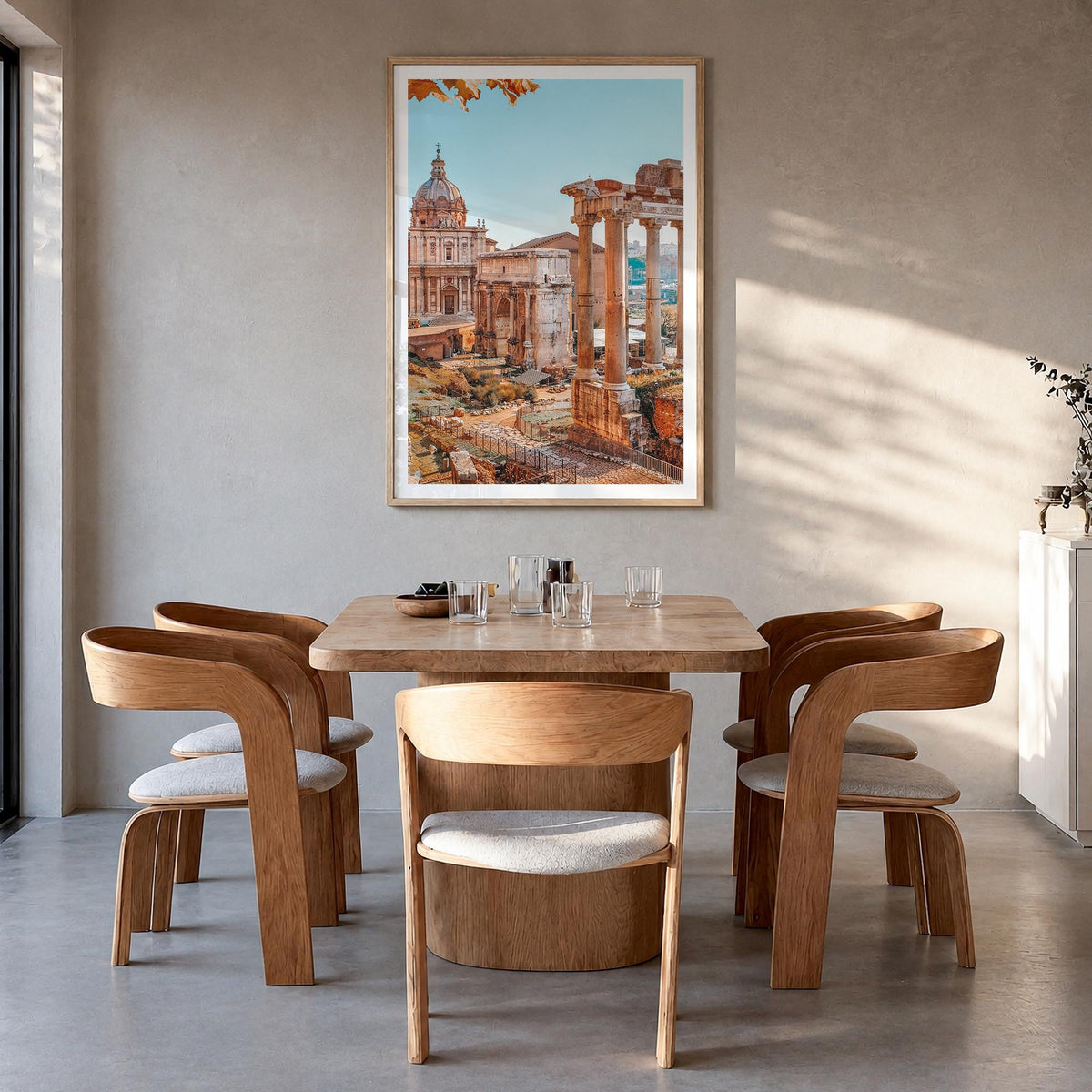 Rome no. 2 colorful photo poster of Italy – vertical wall art in natural wood frame with white border, hanging on wall