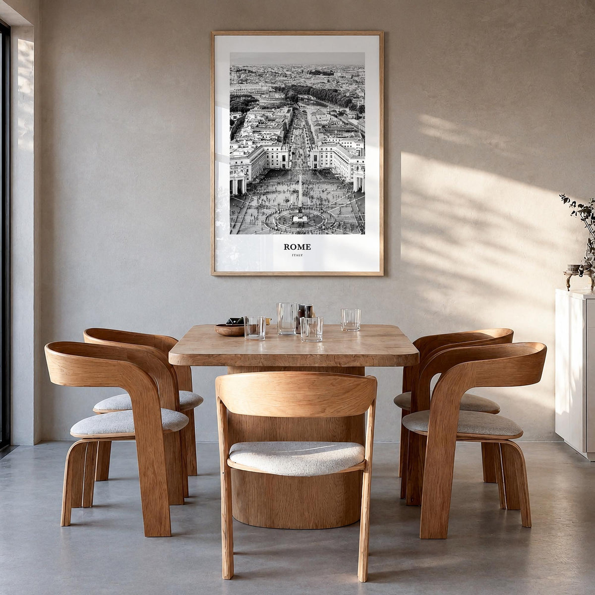 Rome no. 3 black & white classic poster of Italy – vertical wall art in natural wood frame, hanging on wall