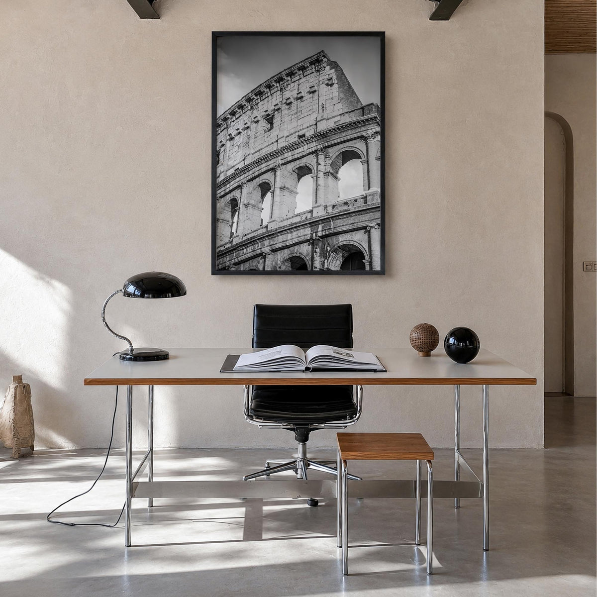 Rome no. 3 black & white photo poster of Italy – vertical wall art in black wood frame, hanging on wall