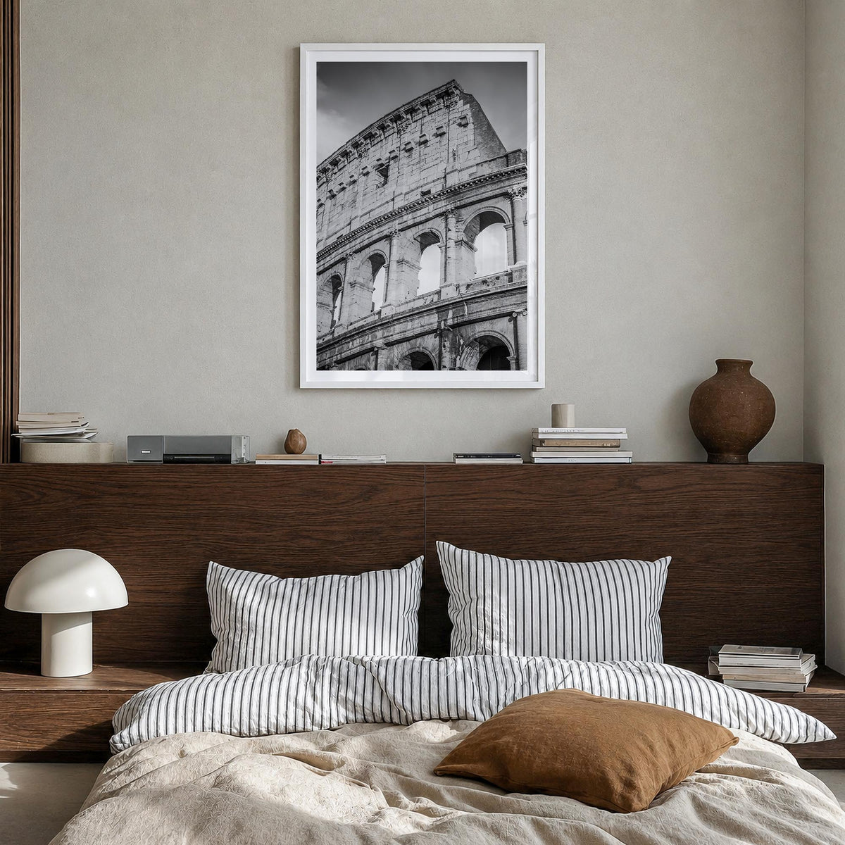 Rome no. 3 black & white photo poster of Italy – vertical wall art in white wood frame with white border, hanging on wall
