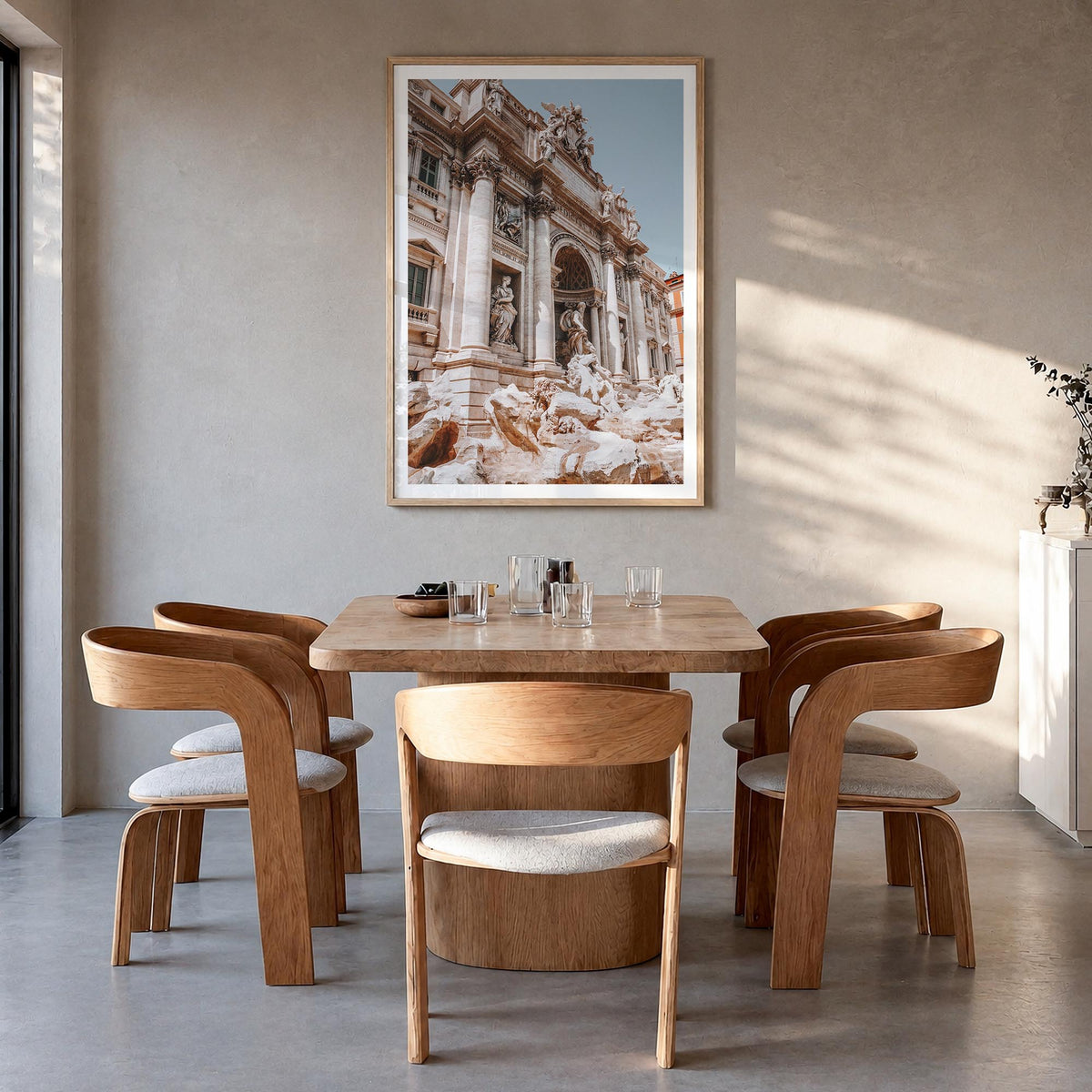 Rome no. 3 colorful photo poster of Italy – vertical wall art in natural wood frame with white border, hanging on wall