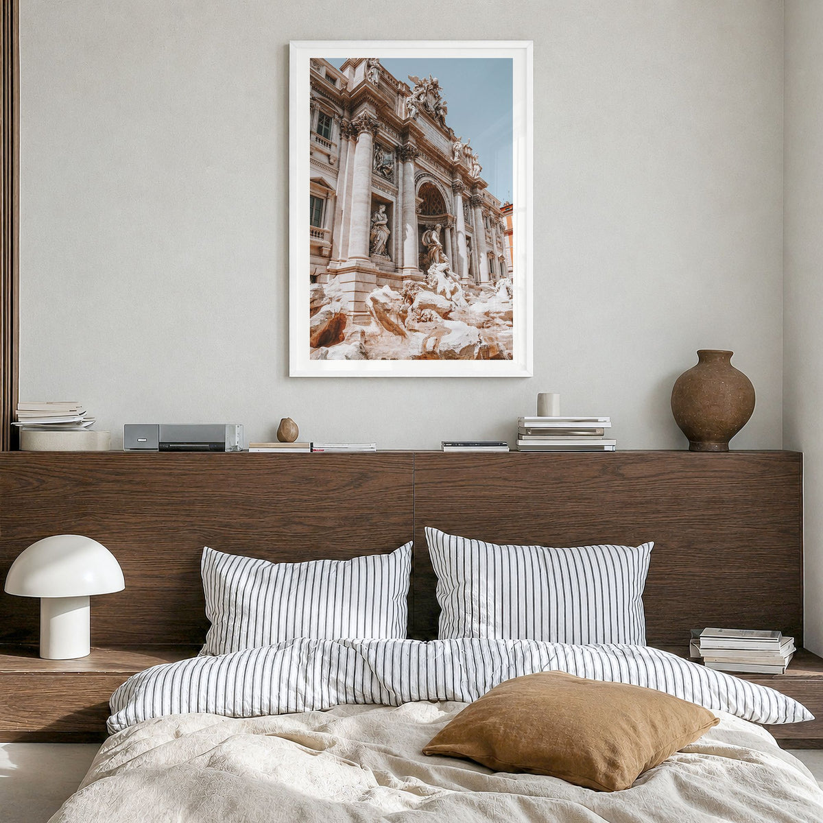 Rome Photo No 3 Poster in a white wood frame, hanging in a bedroom, white border