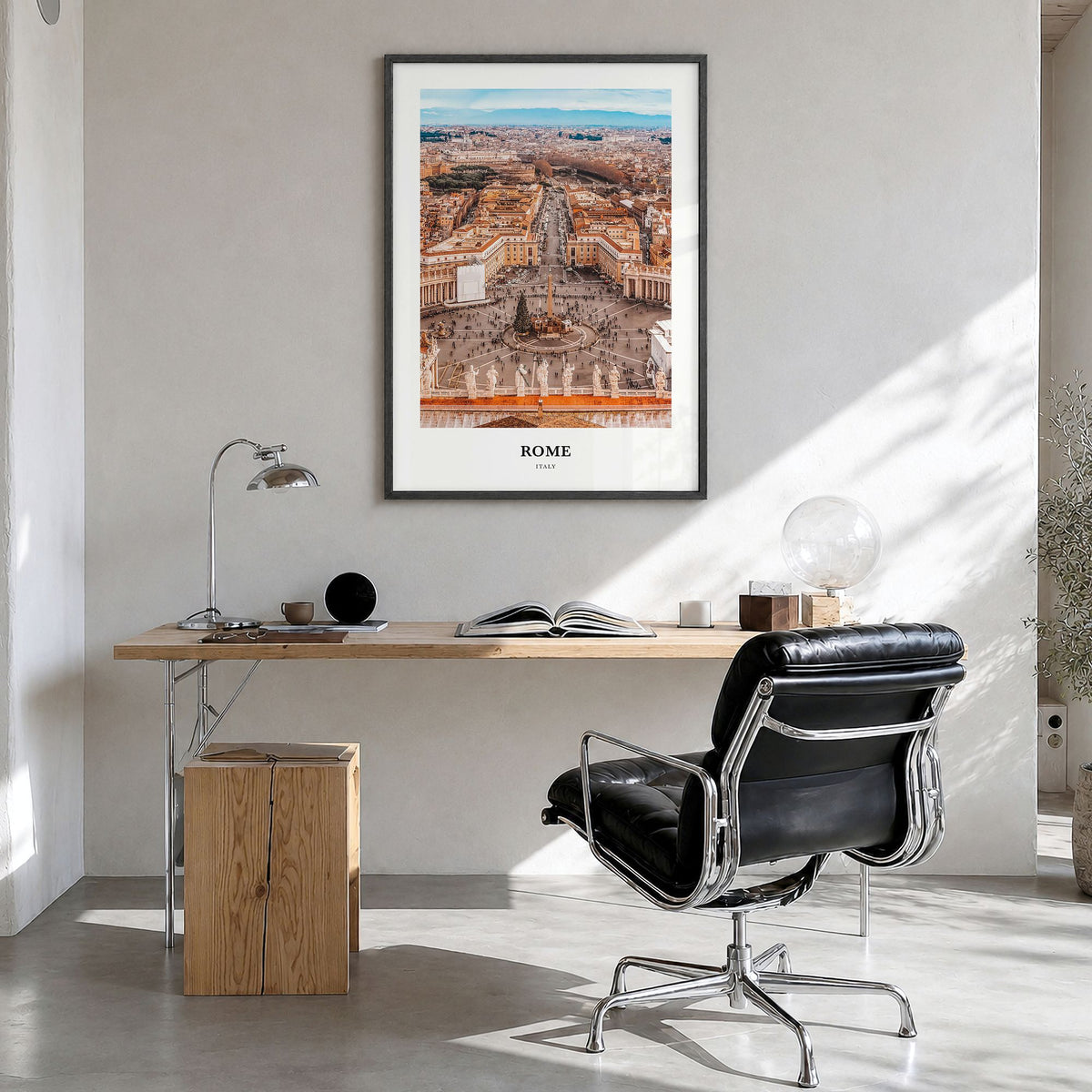 Rome Classic Poster in a black wood frame, hanging in a bright home office