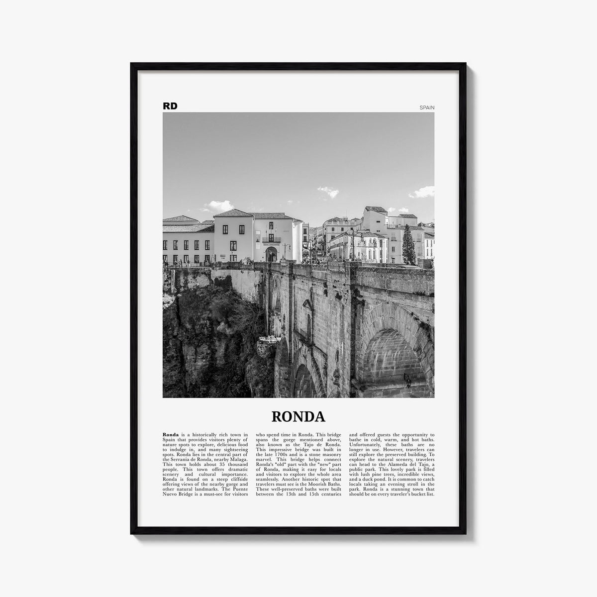 Ronda black & white newspaper poster of Spain – vertical wall art, unframed print shown in interior mockup