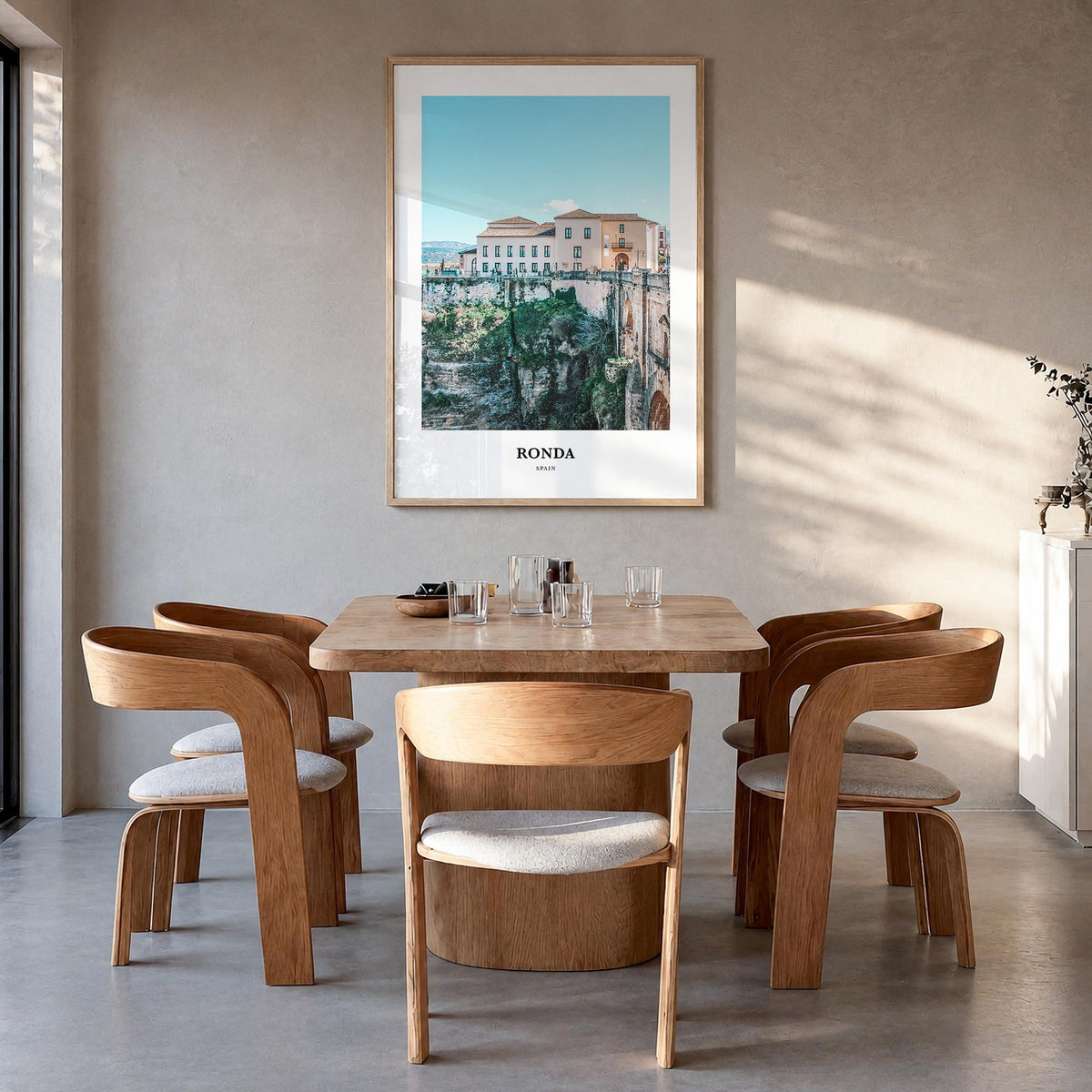 Ronda colorful classic poster of Spain – vertical wall art in natural wood frame, hanging on wall
