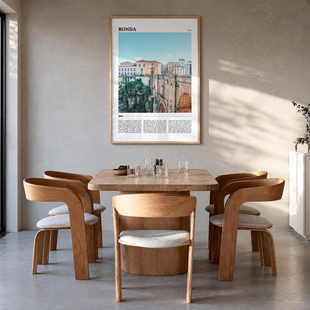 Ronda colorful travel poster of Spain – vertical wall art in natural wood frame, hanging on wall
