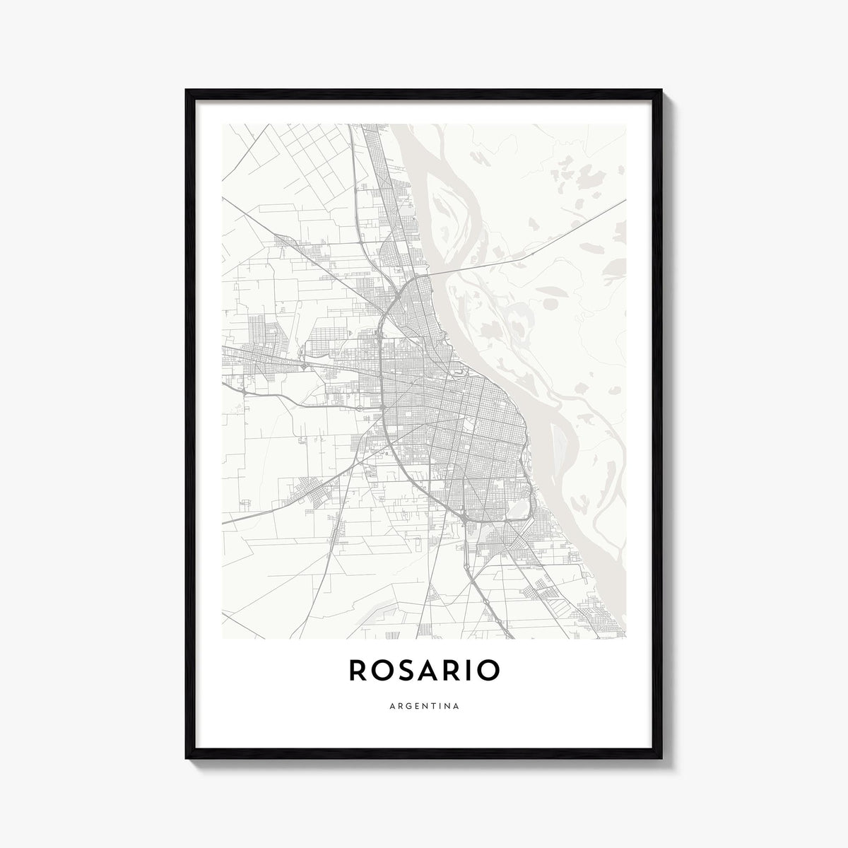 Rosario black & white map poster of Argentina – vertical wall art, unframed print shown in interior mockup
