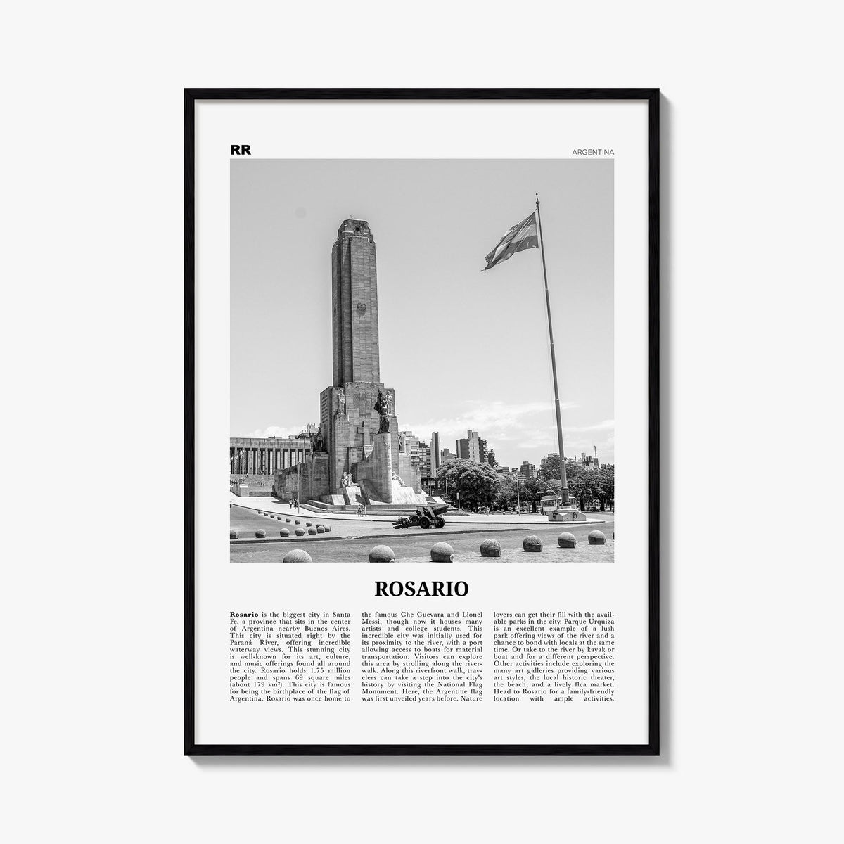 Rosario no. 2 black & white newspaper poster of Argentina – vertical wall art, unframed print shown in interior mockup