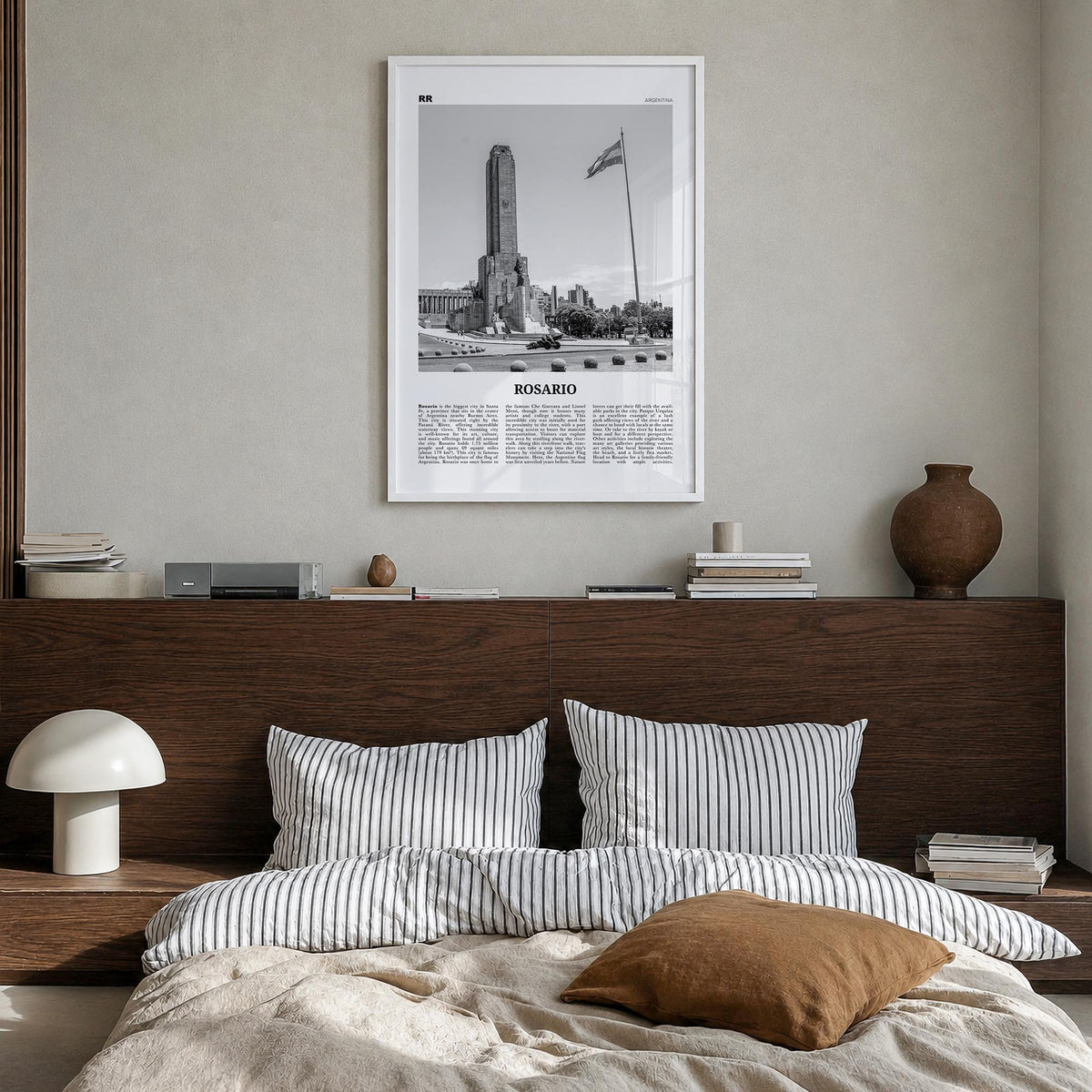 Rosario no. 2 black & white newspaper poster of Argentina – vertical wall art in white wood frame, hanging on wall