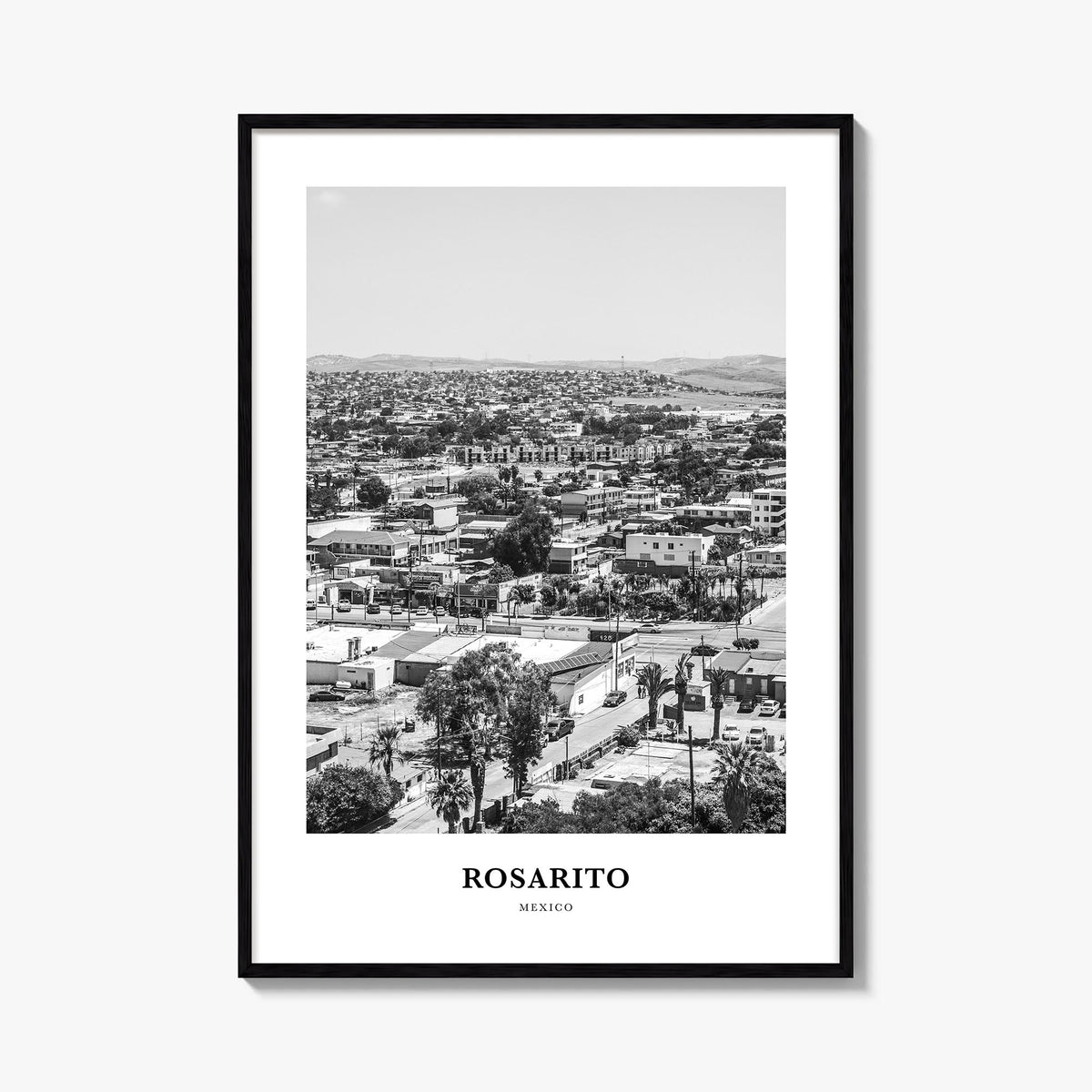 Rosarito black & white classic poster of Mexico – vertical wall art, unframed print shown in interior mockup