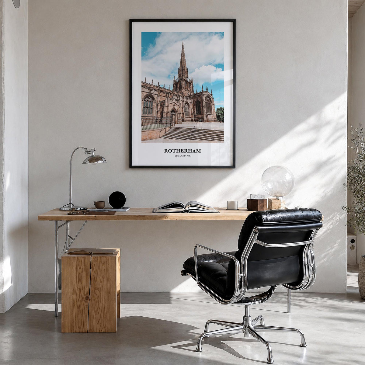 Rotherham colorful classic poster of United Kingdom – vertical wall art in black wood frame, hanging on wall