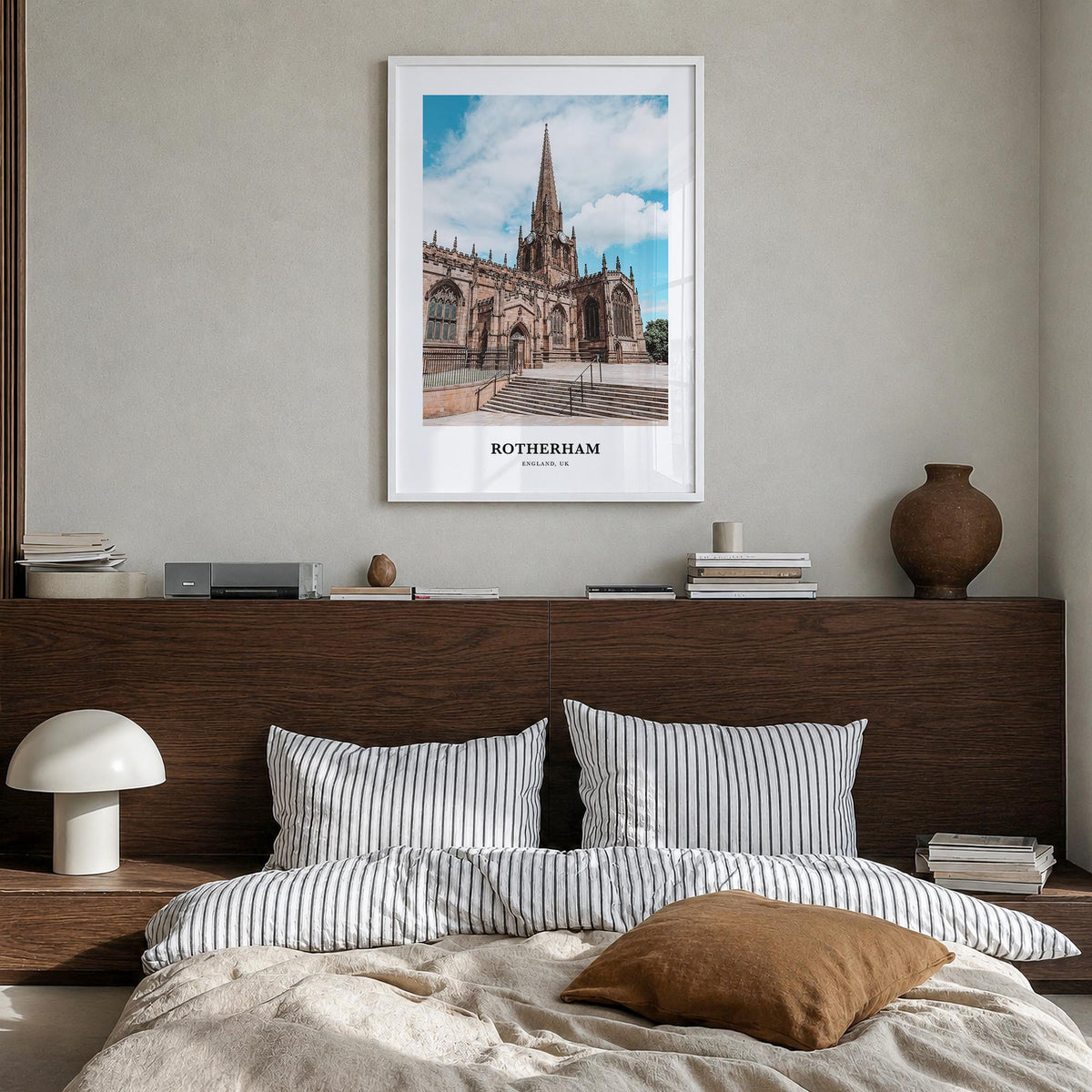 Rotherham colorful classic poster of United Kingdom – vertical wall art in white wood frame, hanging on wall