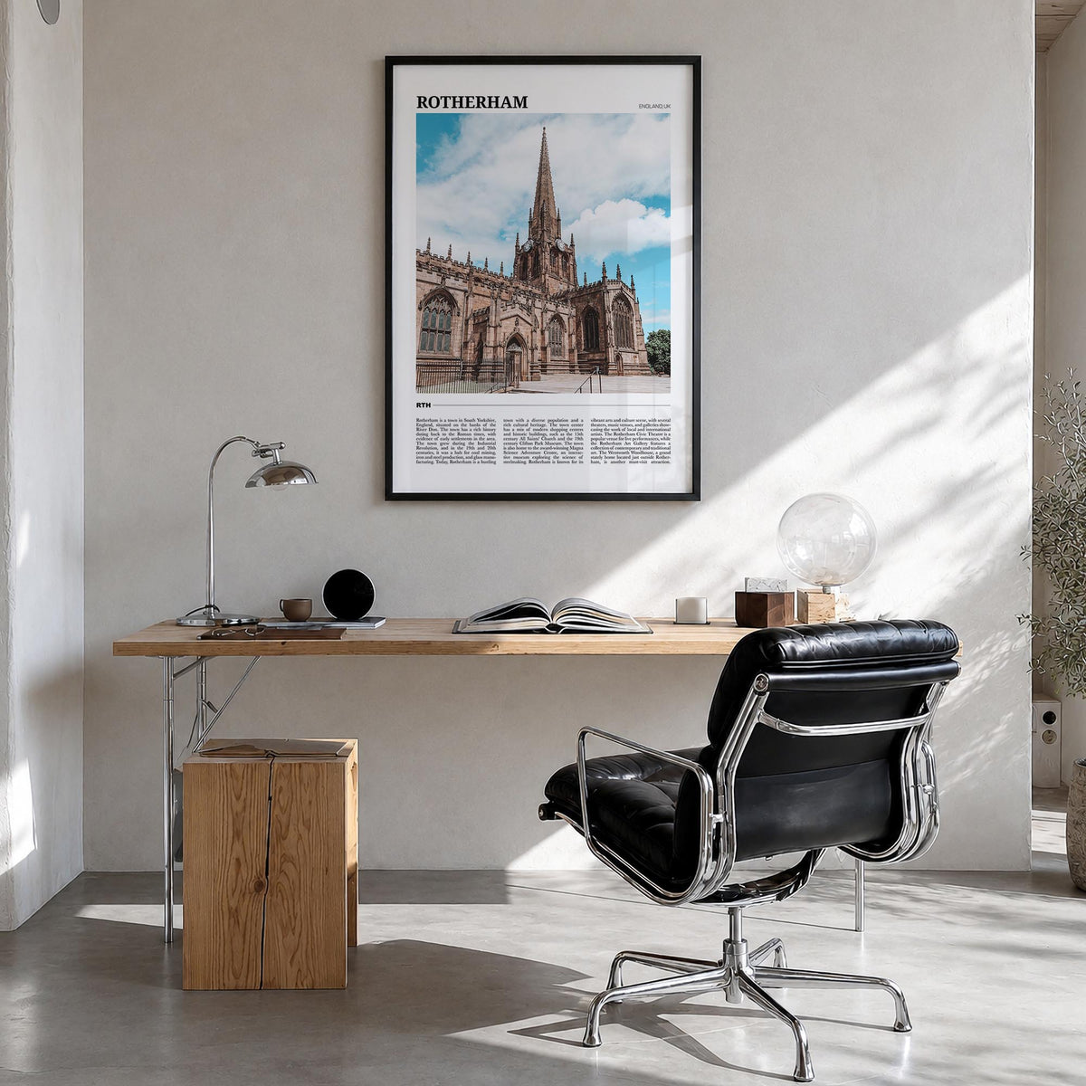 Rotherham colorful travel poster of United Kingdom – vertical wall art in black wood frame, hanging on wall