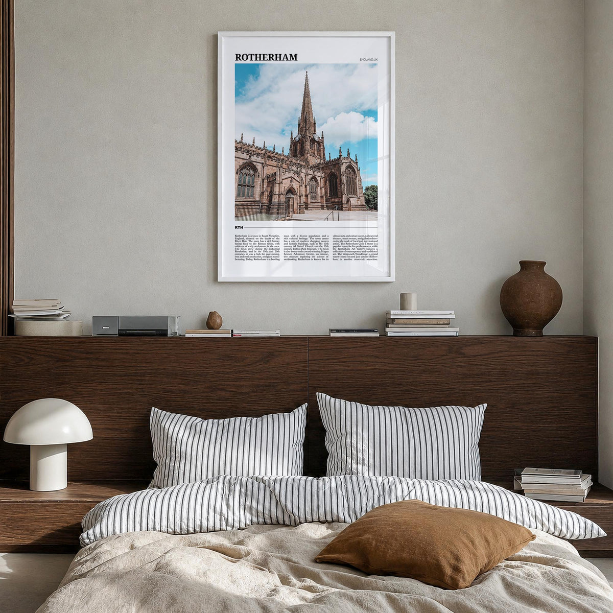 Rotherham colorful travel poster of United Kingdom – vertical wall art in white wood frame, hanging on wall