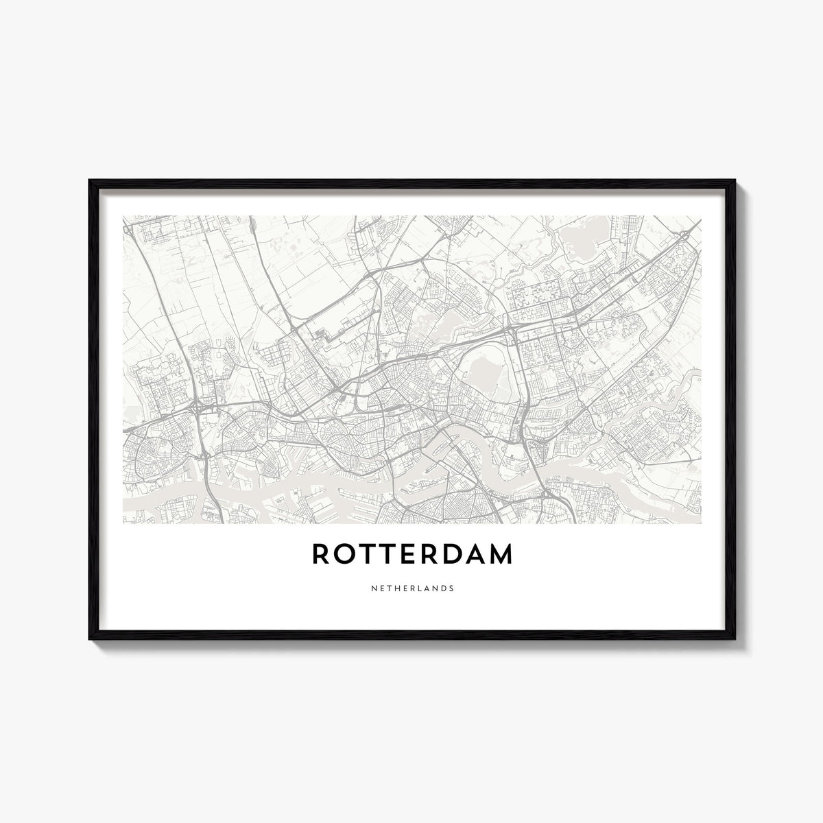 Rotterdam black & white map poster of Netherlands – horizontal wall art, unframed print shown in interior mockup