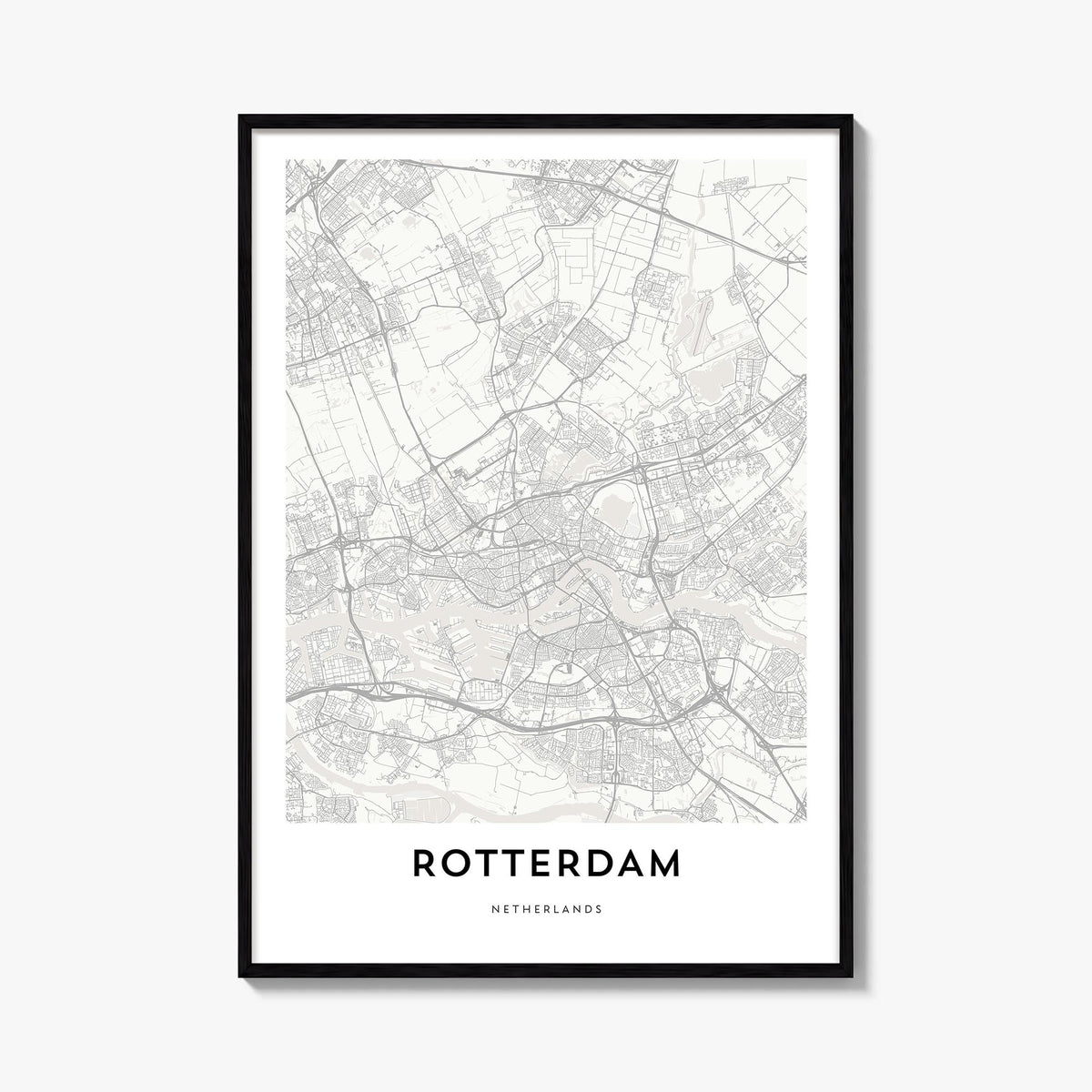 Rotterdam black & white map poster of Netherlands – vertical wall art, unframed print shown in interior mockup