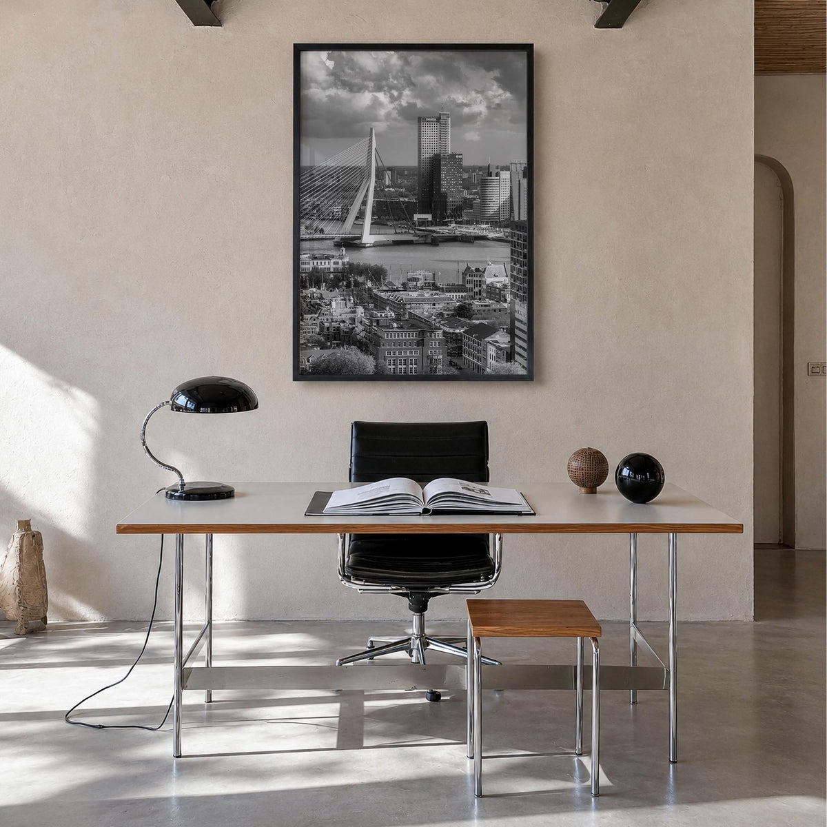 Rotterdam black & white photo poster of Netherlands – vertical wall art in black wood frame, hanging on wall