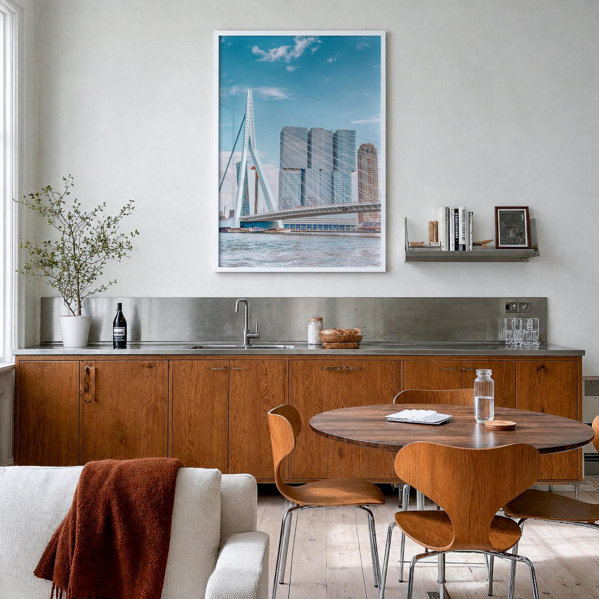 Rotterdam colorful photo poster of Netherlands – vertical wall art in white wood frame, hanging on wall