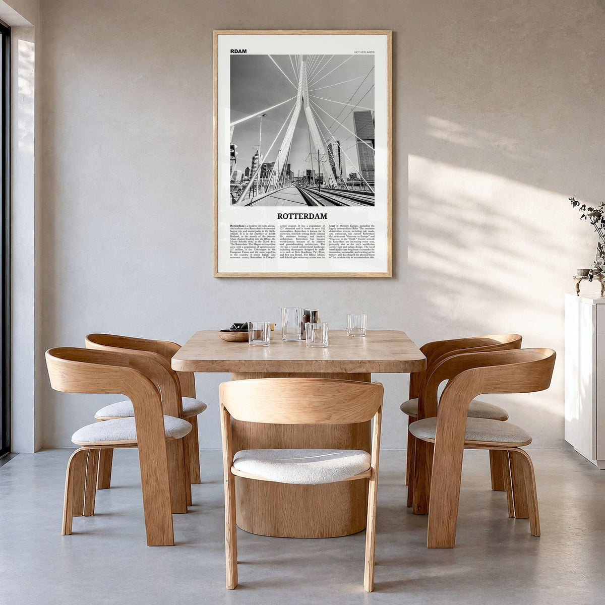 Rotterdam Newspaper No 1 Poster in a natural wood frame, hanging in a dining room