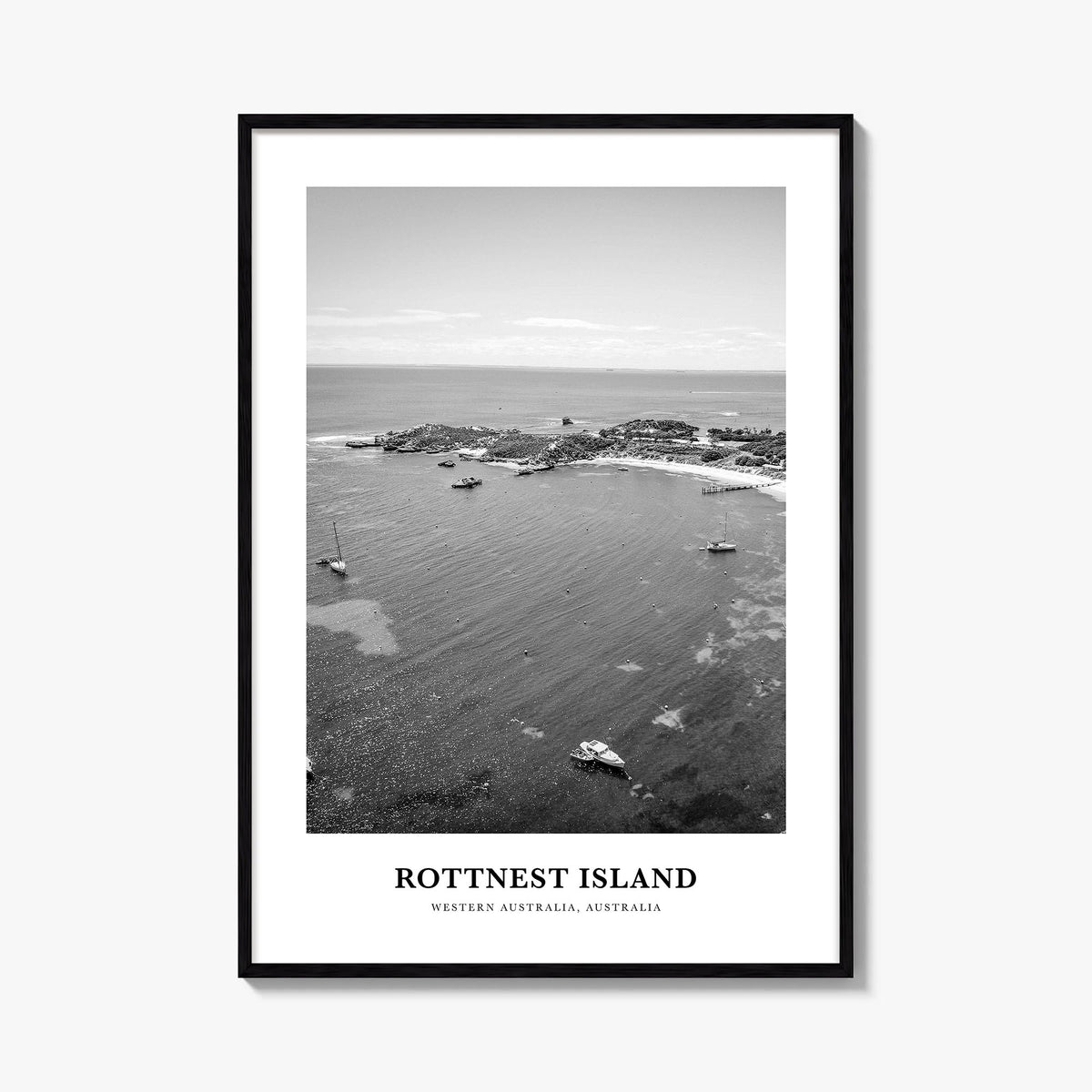 Rottnest Island black & white classic poster of Australia – vertical wall art, unframed print shown in interior mockup
