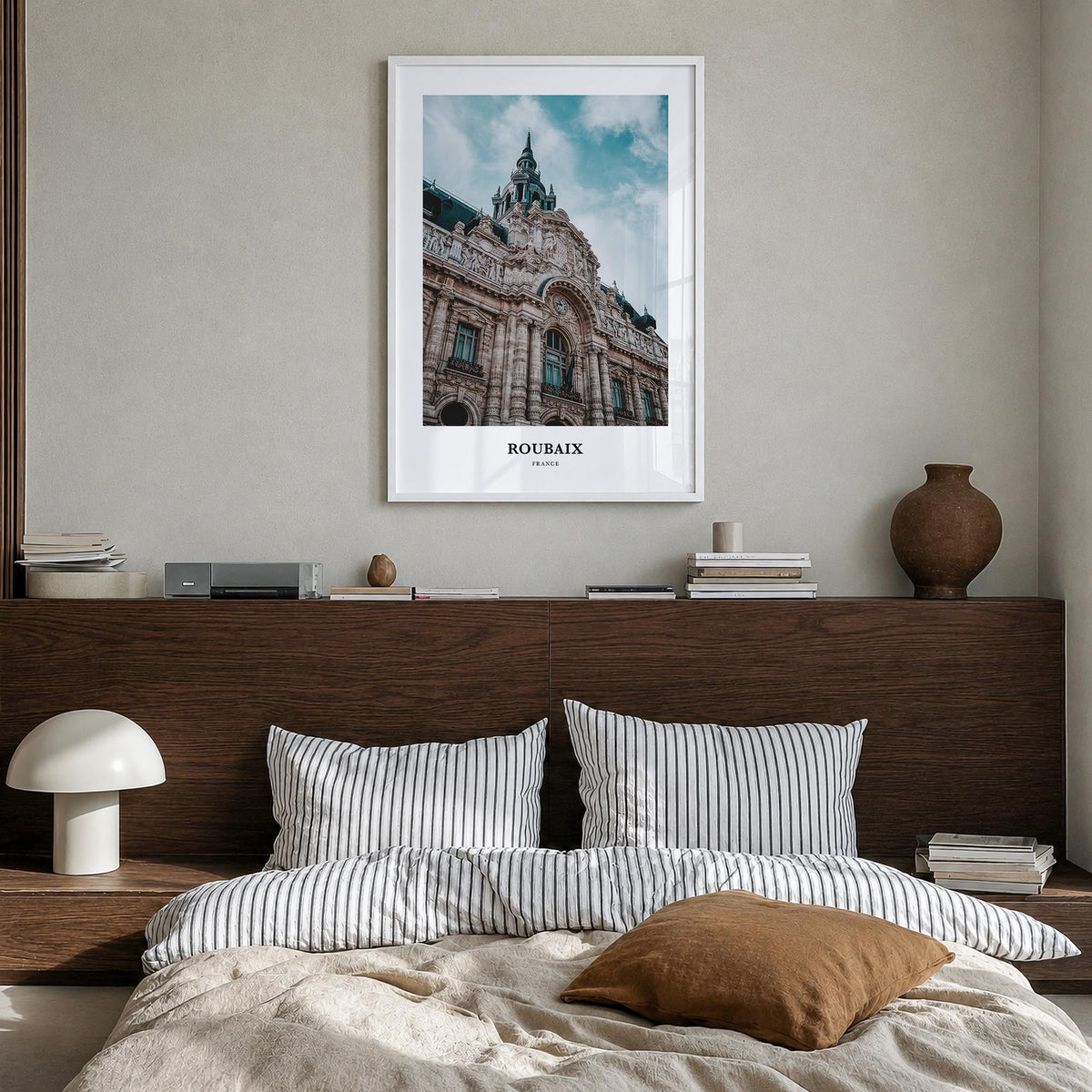 Roubaix colorful classic poster of France – vertical wall art in white wood frame, hanging on wall