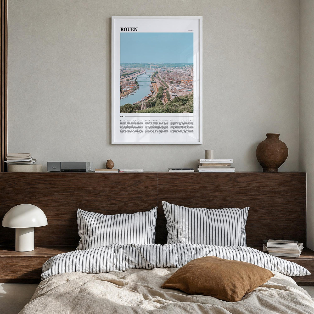 Rouen colorful travel poster of France – vertical wall art in white wood frame, hanging on wall