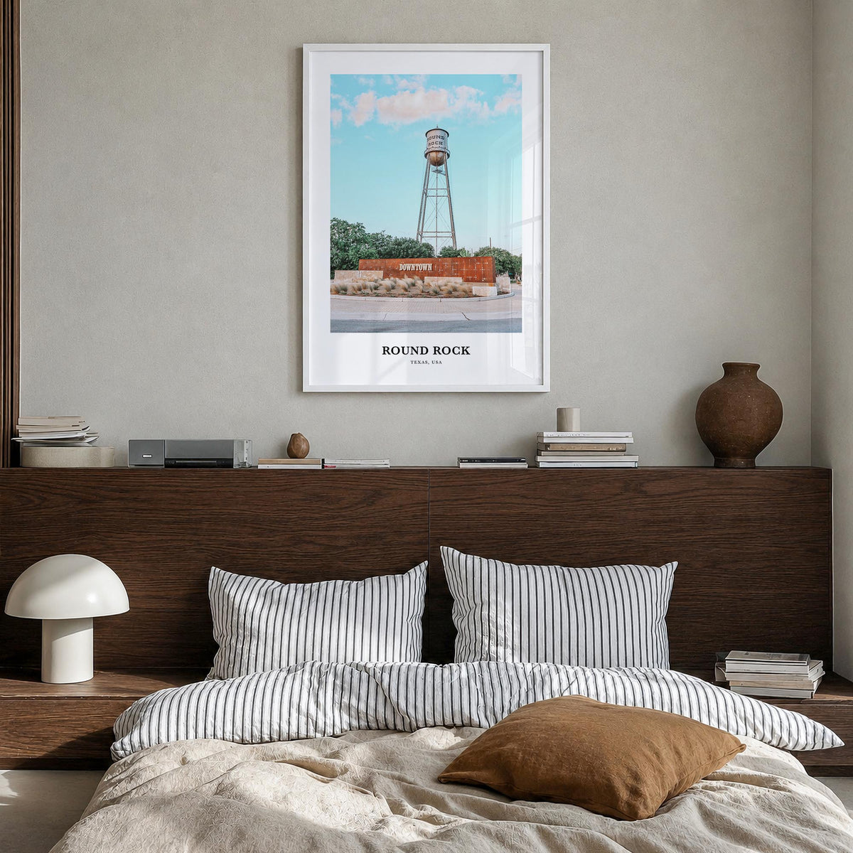 Round Rock colorful classic poster of Texas, USA – vertical wall art in white wood frame, hanging on wall