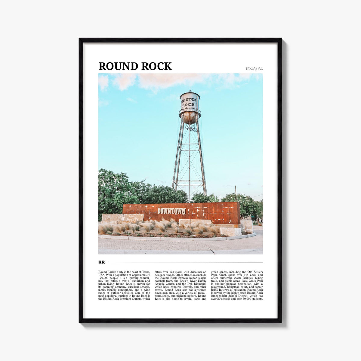 Round Rock colorful travel poster of Texas, USA – vertical wall art, unframed print shown in interior mockup