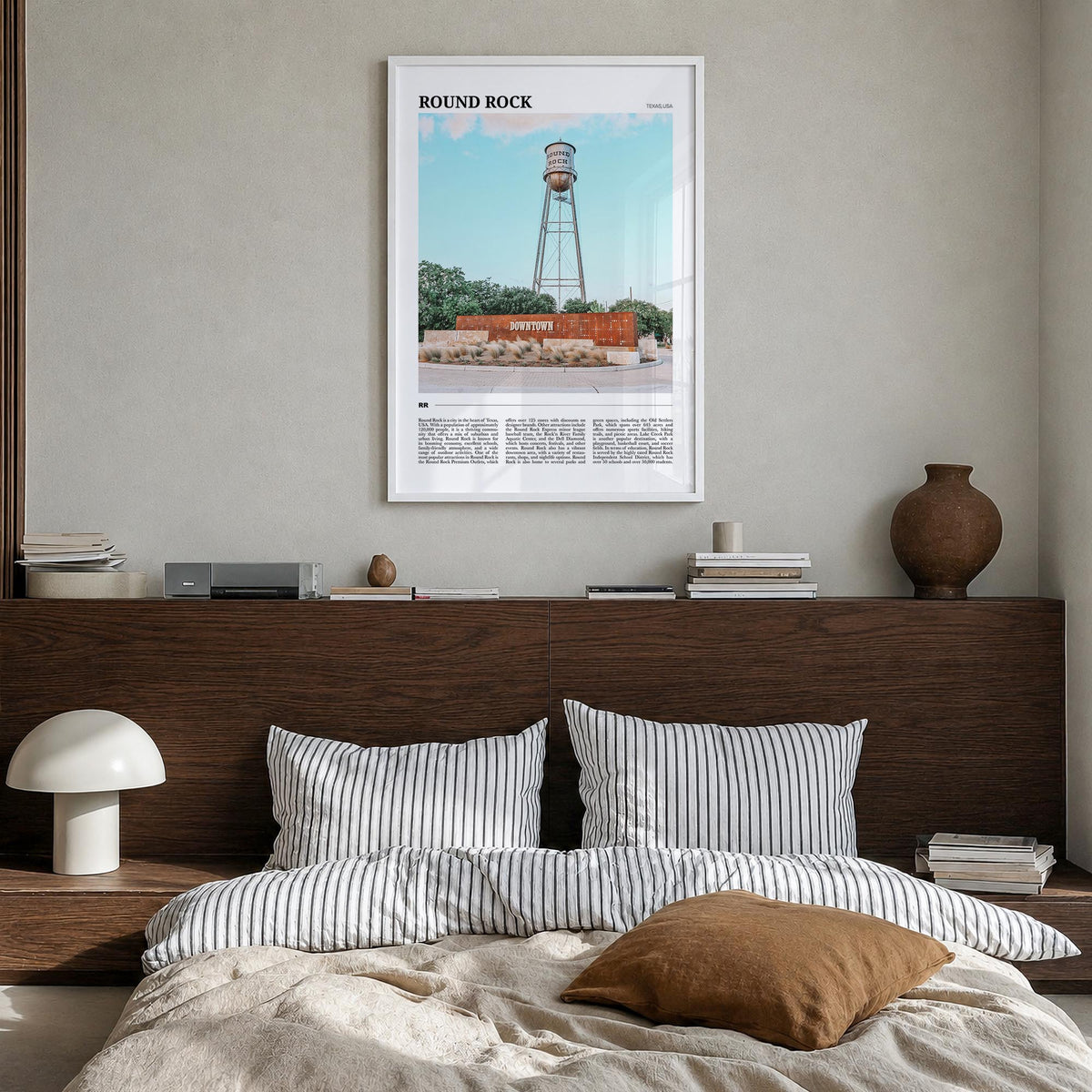 Round Rock colorful travel poster of Texas, USA – vertical wall art in white wood frame, hanging on wall