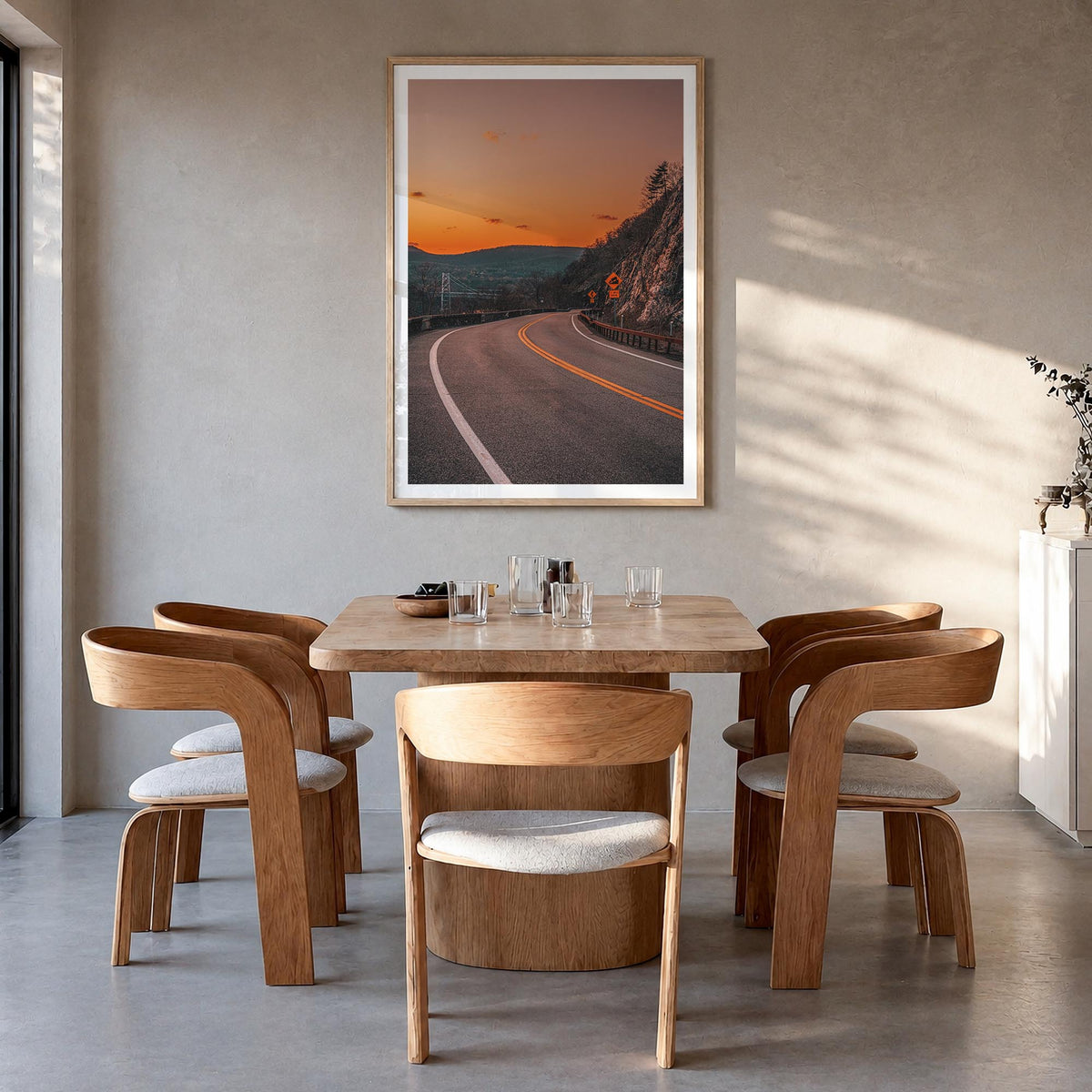 Route 202 colorful photo poster – vertical wall art in natural wood frame with white border, hanging on wall
