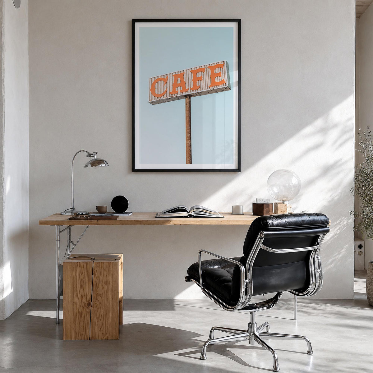 Route 66 Cafe colorful photo poster – vertical wall art in black wood frame with white border, hanging on wall