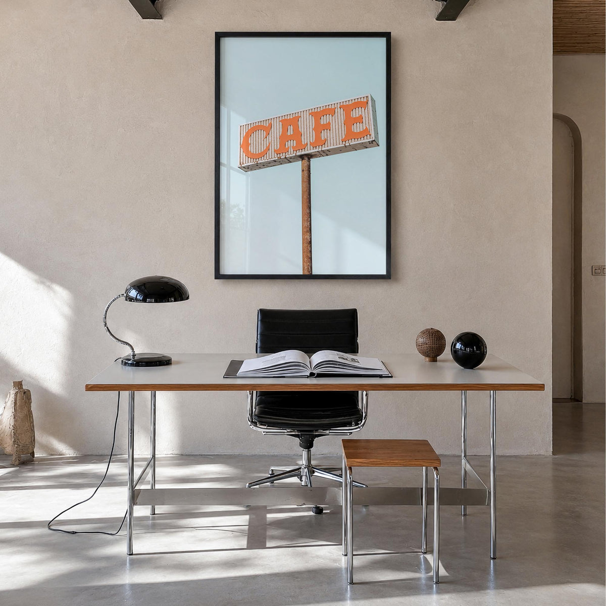 Route 66 Cafe colorful photo poster – vertical wall art in black wood frame, hanging on wall