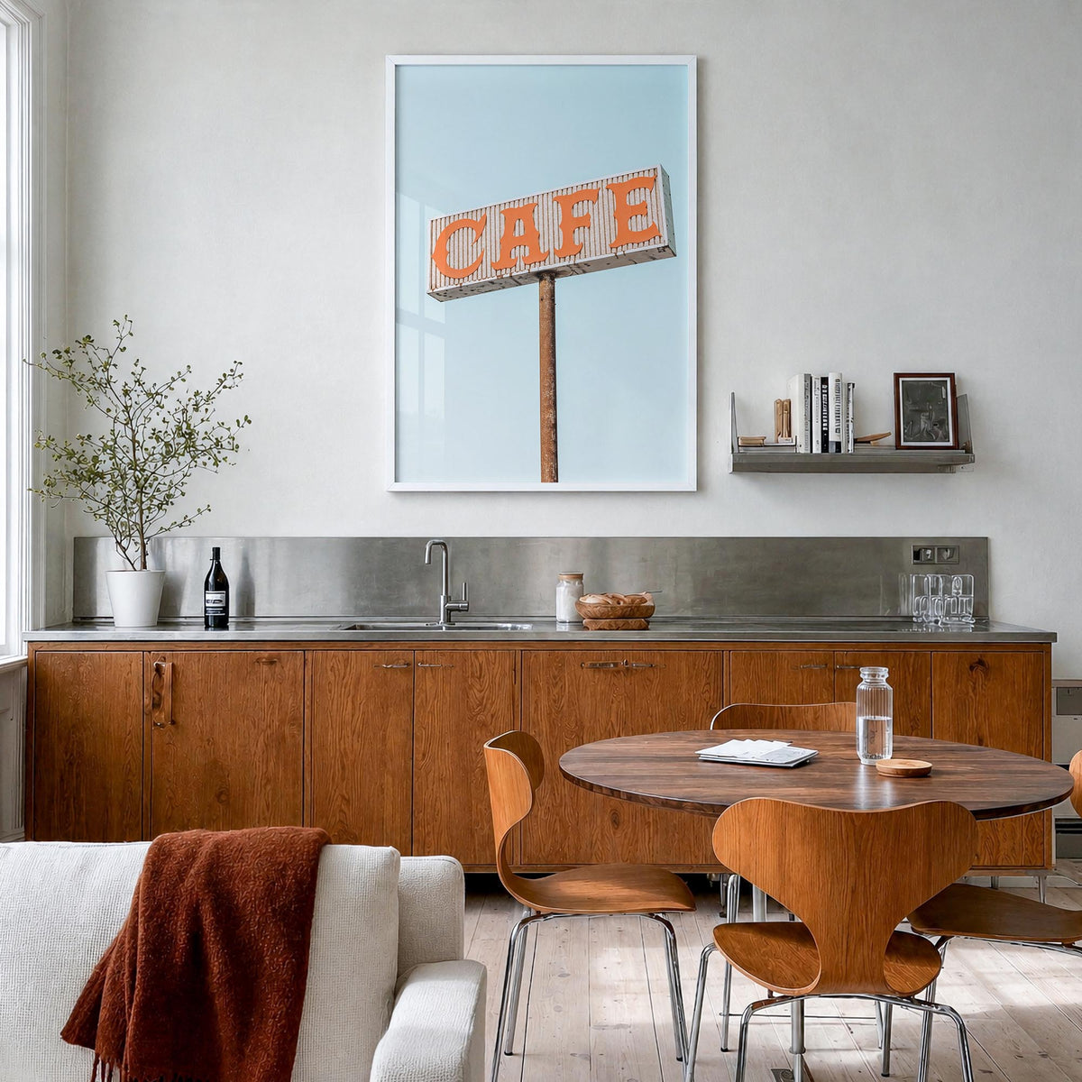 Route 66 Cafe colorful photo poster – vertical wall art in white wood frame, hanging on wall